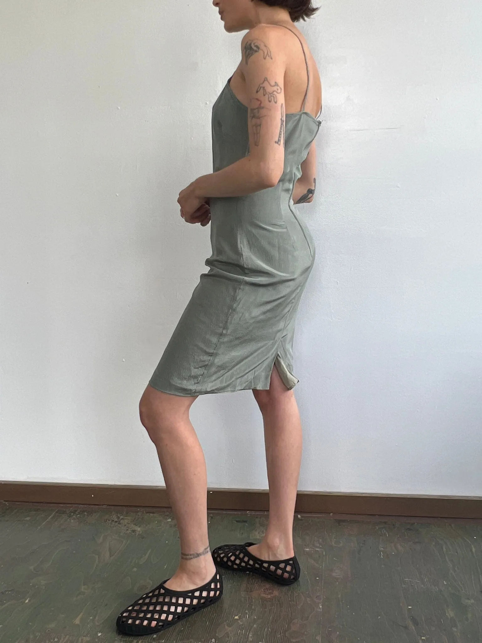Sage Silk Spaghetti Strap Dress (S)