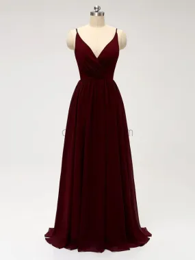 Spaghetti Strap Dark Red V Neck Chiffon Long Bridesmaid Dresses XDM1123