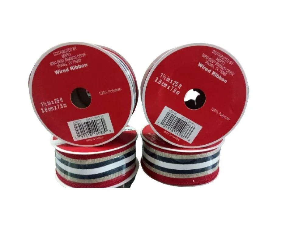 Stars & Stripes Wired Edge Ribbon - (Canvas, Red, White, Navy Blue) - 25 feet