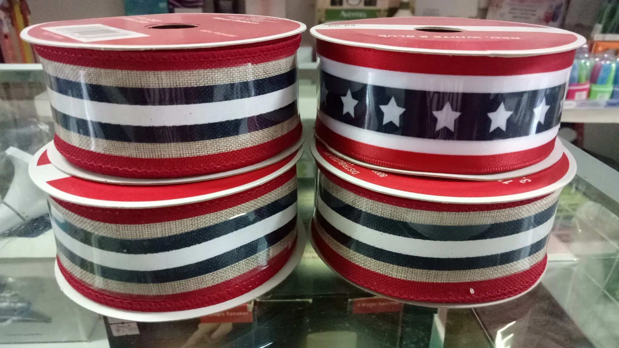 Stars & Stripes Wired Edge Ribbon - (Canvas, Red, White, Navy Blue) - 25 feet