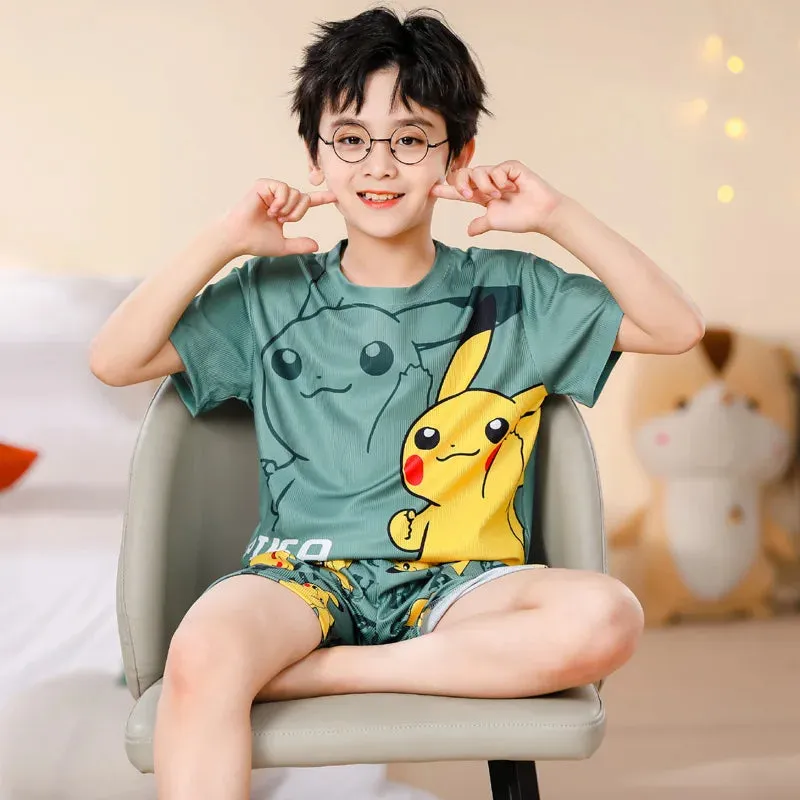 Summer Pajamas for Boys Sleepwear Korean Version for Girls Ice Silk Cotton Pit Strips Short Sleeved Girls Robe Children's Mother