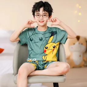 Summer Pajamas for Boys Sleepwear Korean Version for Girls Ice Silk Cotton Pit Strips Short Sleeved Girls Robe Children's Mother