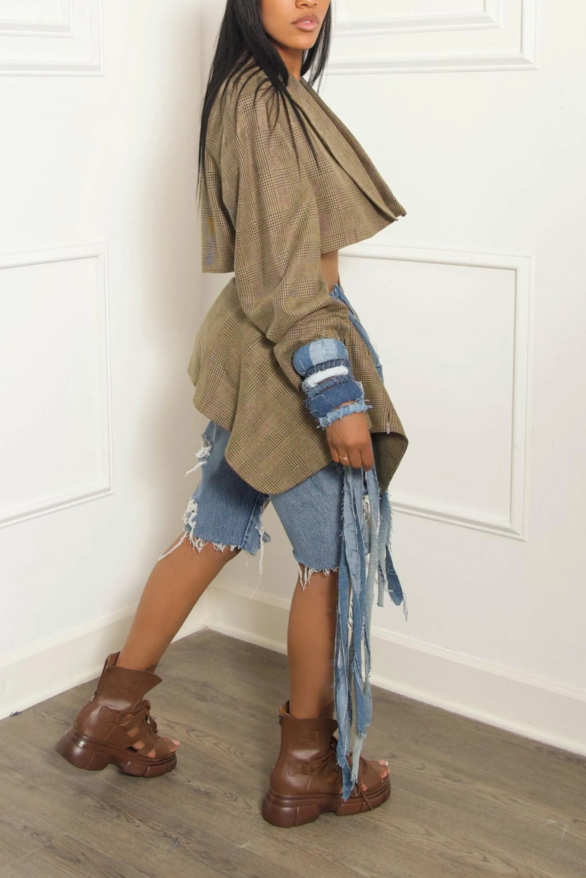 Tan & brown plaid Vintage Two piece suit Denim fringe (M)