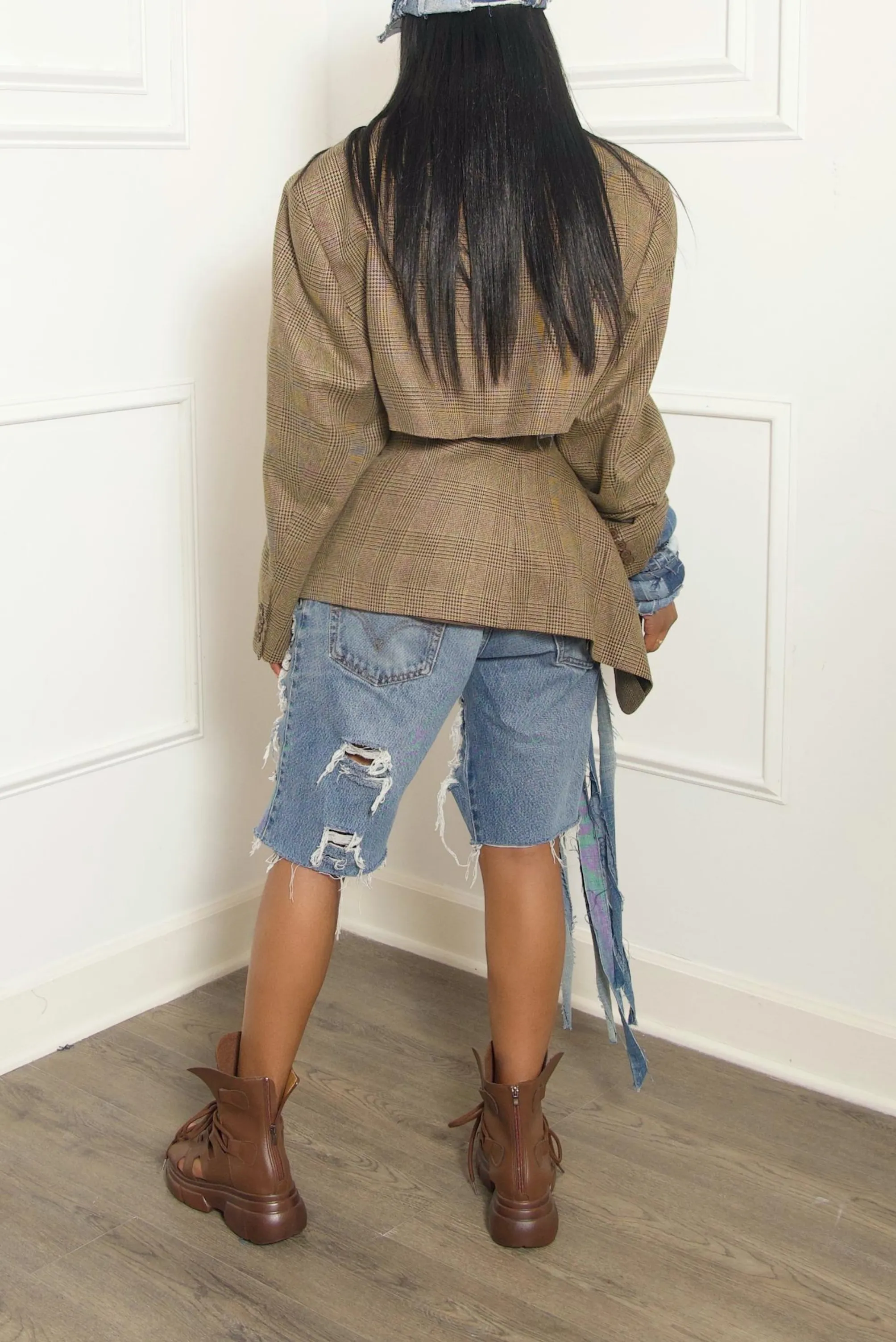 Tan & brown plaid Vintage Two piece suit Denim fringe (M)