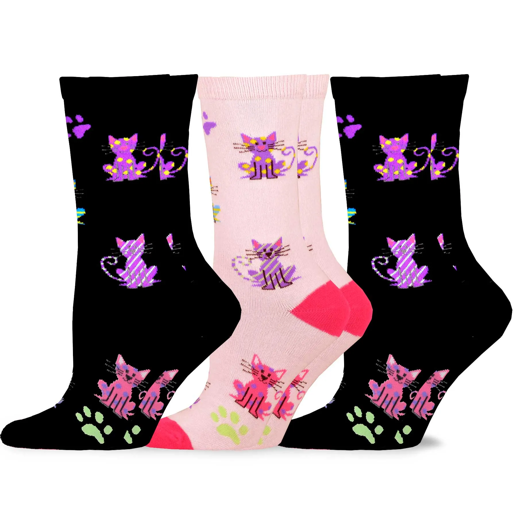 TeeHee Socks Women's Novelty Cotton Crew Colorful Kitties 3-Pack (11138)