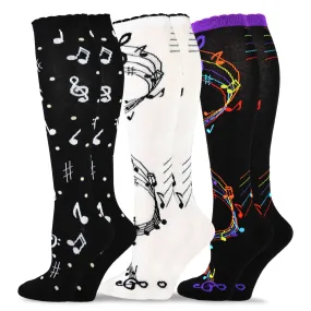 TeeHee Socks Women's Novelty Cotton Knee High Music Rainbow 3-Pack (12001)
