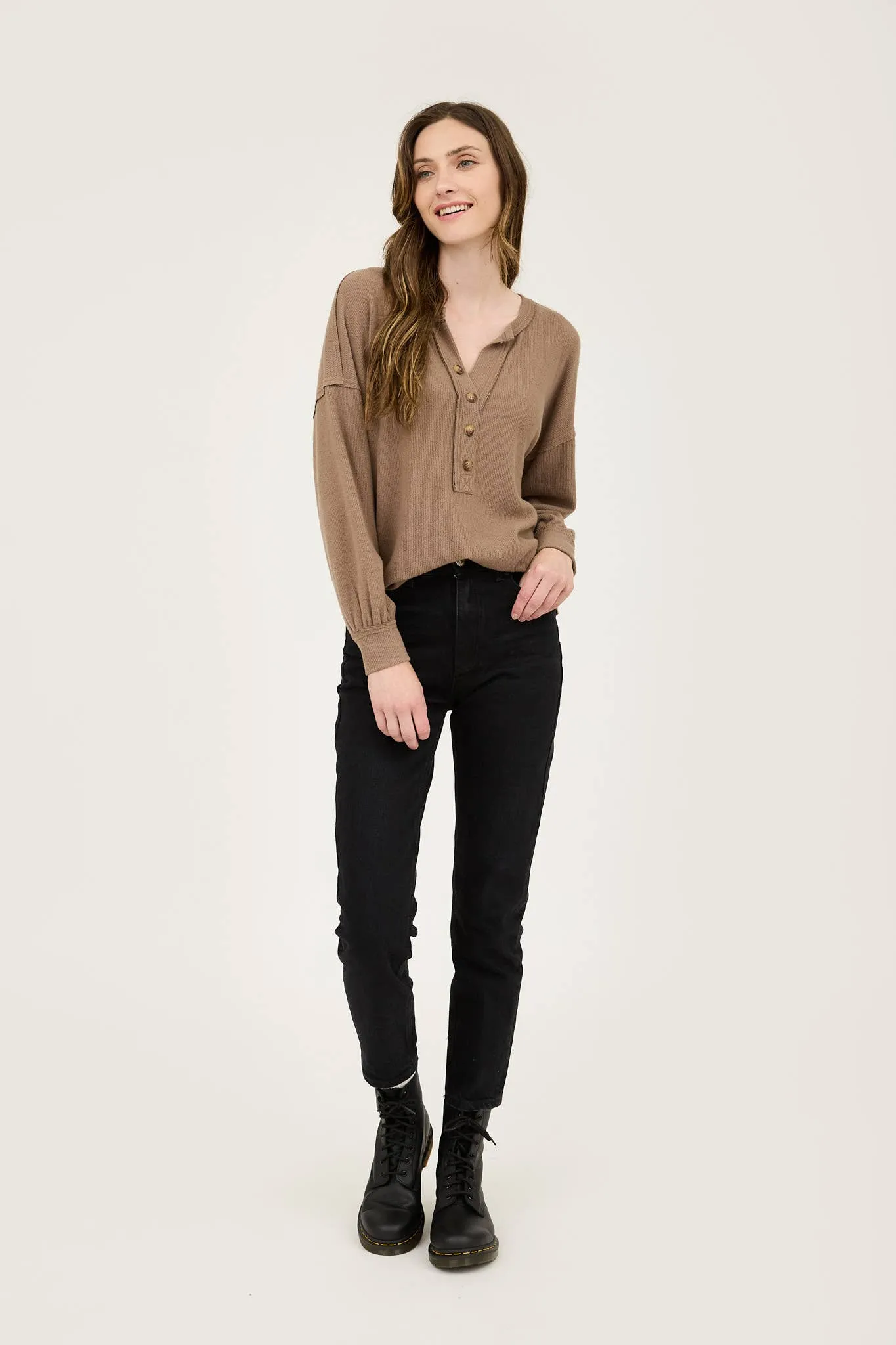 V-Neck Half Button Long Sleeved  Exposed Seam Top