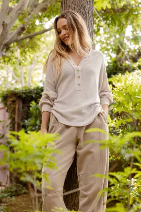 V-Neck Half Button Long Sleeved  Exposed Seam Top