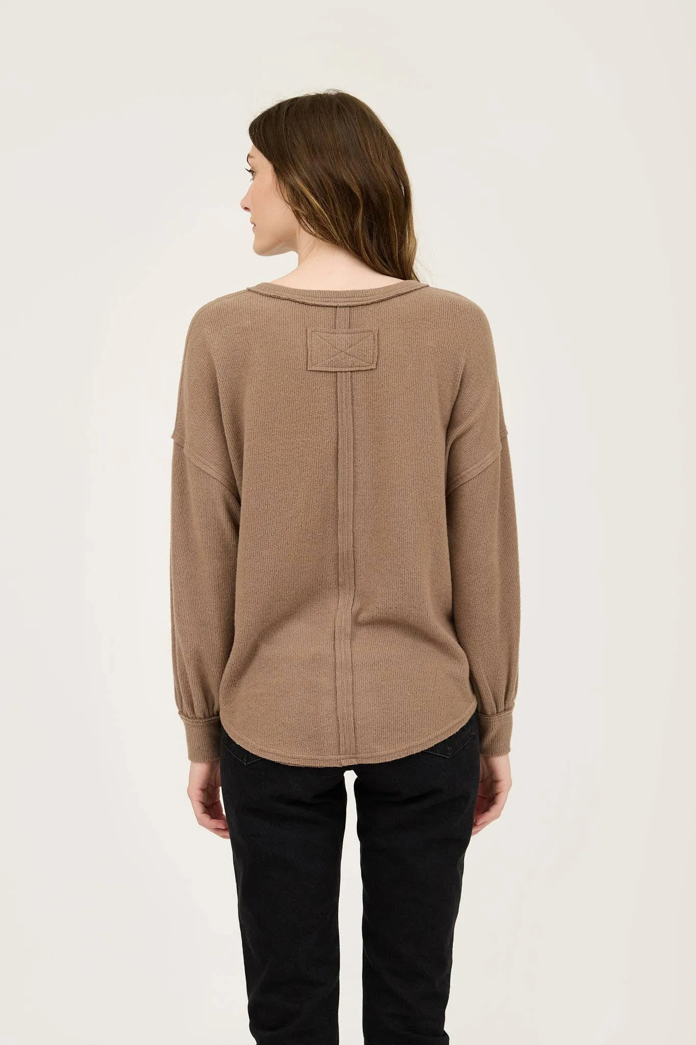 V-Neck Half Button Long Sleeved  Exposed Seam Top