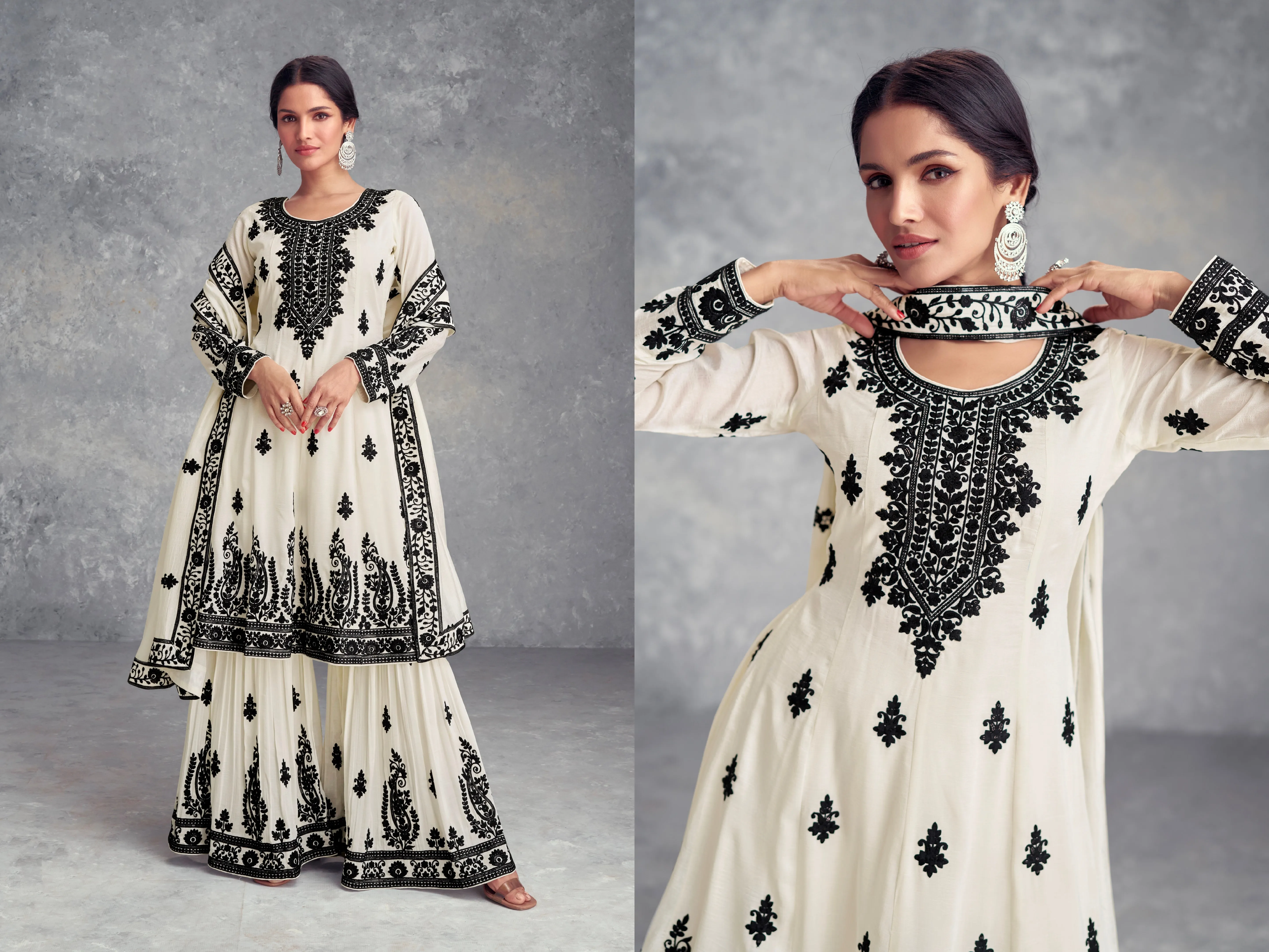 White Real Chinon Palazzo Suit with Dupatta