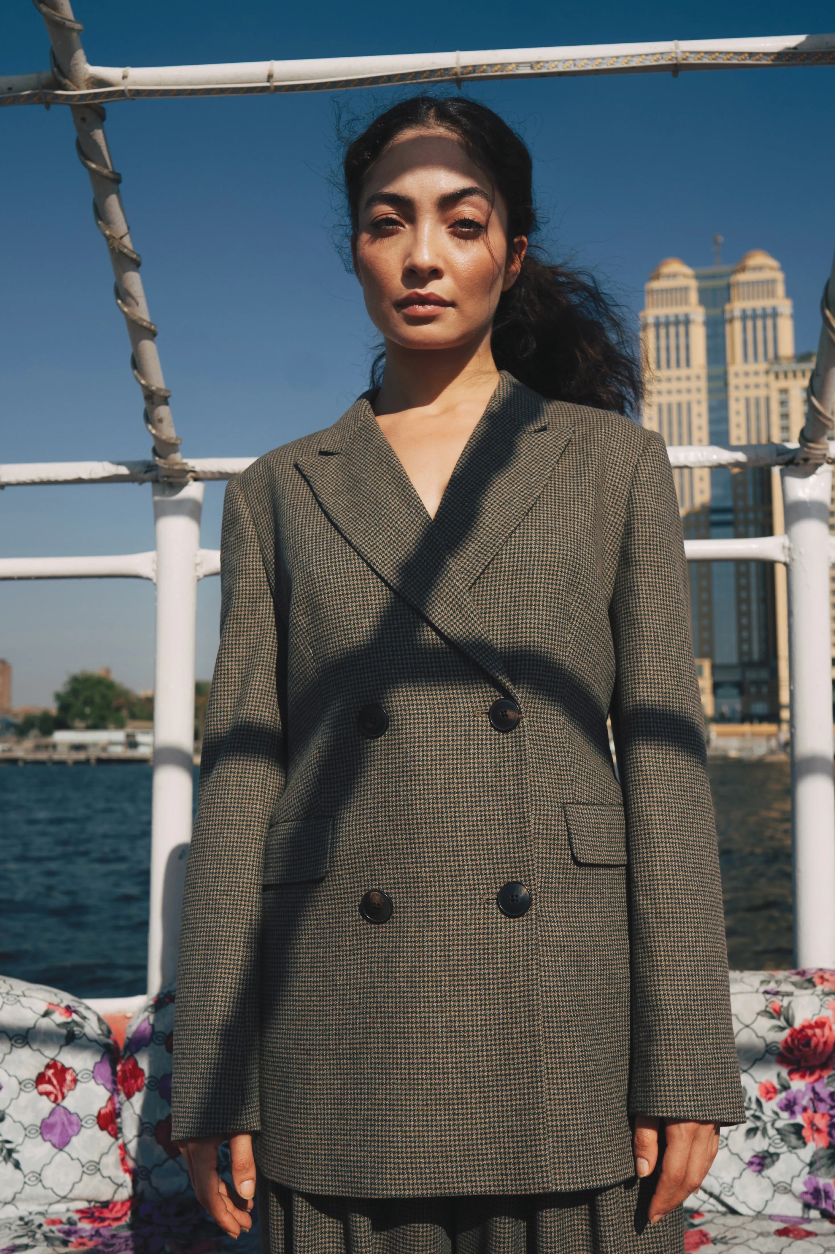 Women's Double Breasted Wool Blazer in Houndstooth 423
