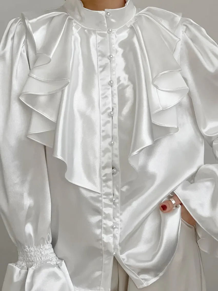 Women's Vintage Ruffle Stand Collar Satin Shirt with Bell Sleeves and Glossy Finish