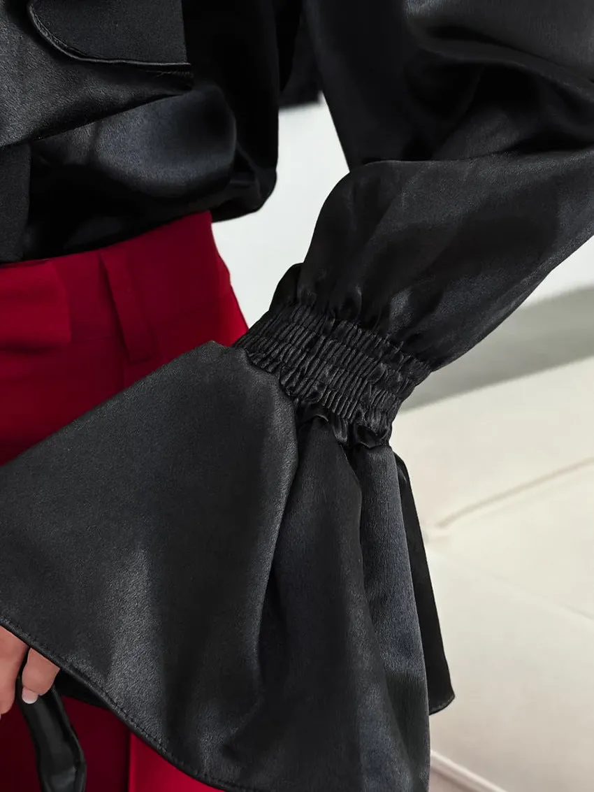 Women's Vintage Ruffle Stand Collar Satin Shirt with Bell Sleeves and Glossy Finish