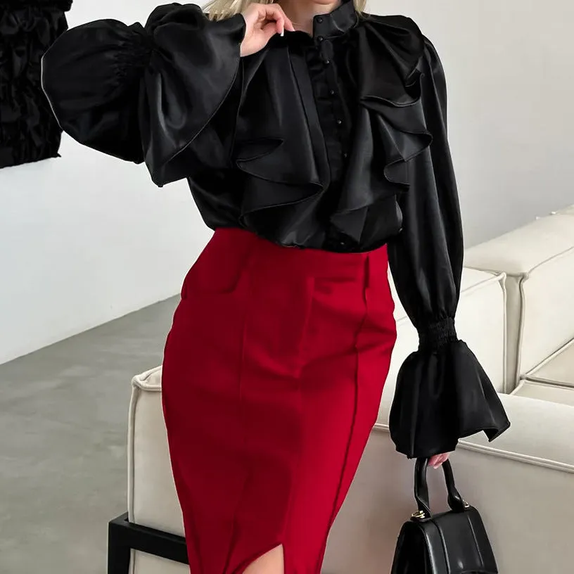 Women's Vintage Ruffle Stand Collar Satin Shirt with Bell Sleeves and Glossy Finish