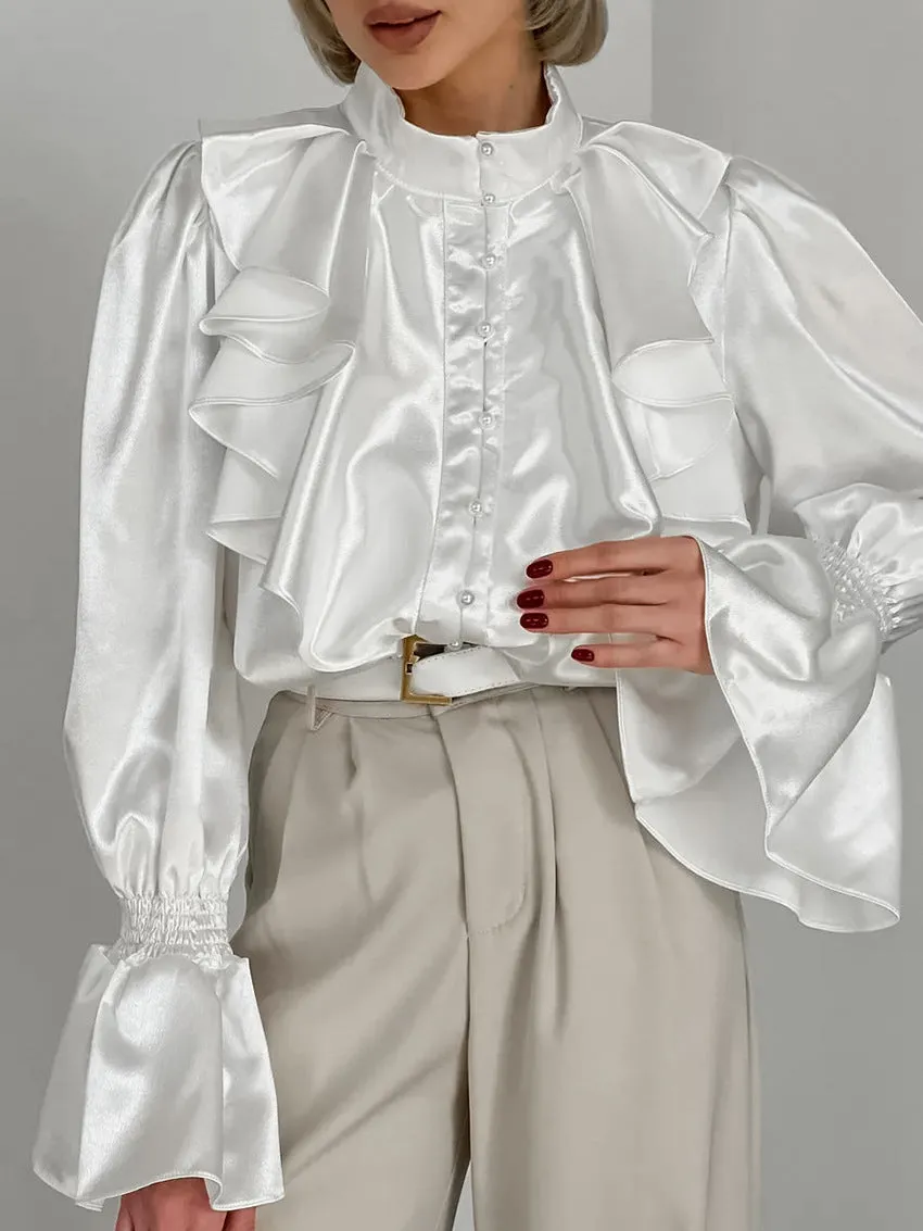 Women's Vintage Ruffle Stand Collar Satin Shirt with Bell Sleeves and Glossy Finish
