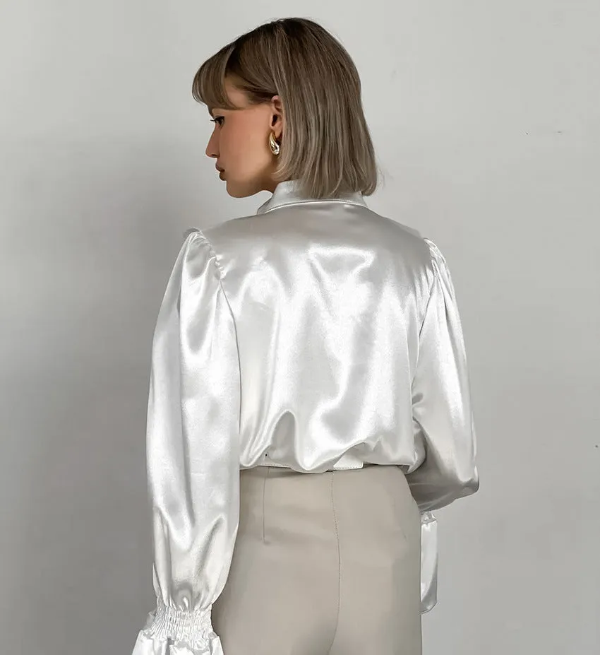 Women's Vintage Ruffle Stand Collar Satin Shirt with Bell Sleeves and Glossy Finish